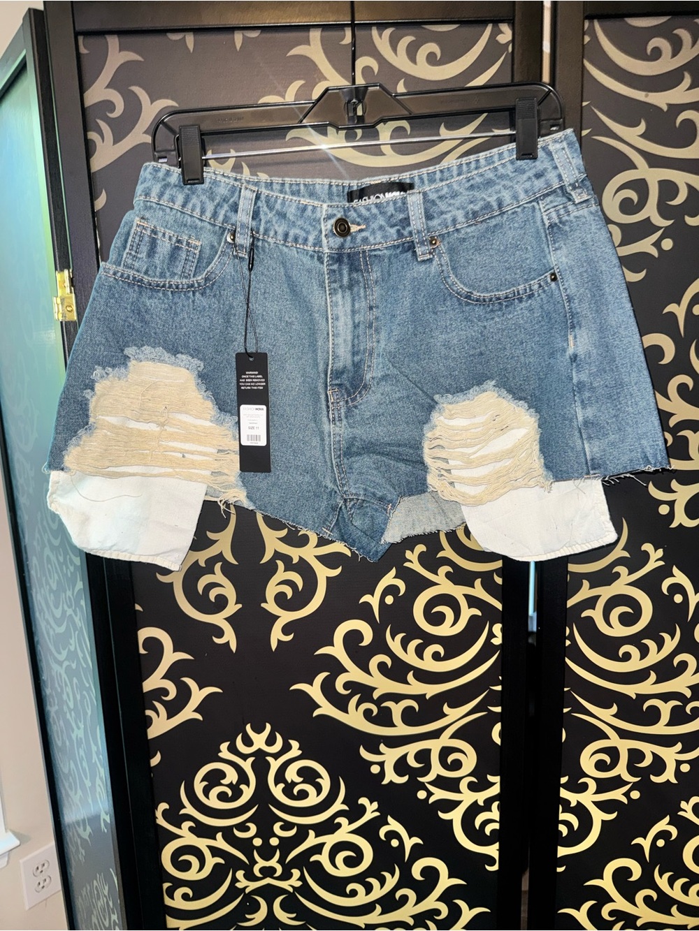 Fashion Nova Medium Blue Distressed High-Rise Denim Shorts